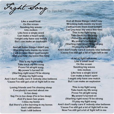 101K 12M views 1 year ago #FightSong #RachelPlatten #Lyrics 🎵 Follow the official 7clouds playlist on Spotify : https://lnkfi.re/7cloudsSpotify 🎧 Rachel Platten - Fight Song (Lyrics) …